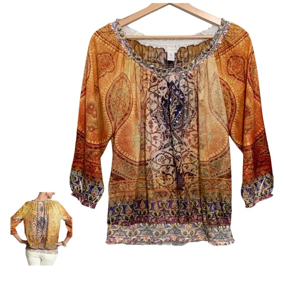 Chico's Tops - Chico's Lightweight Semi-Sheer Moroccan View Studded Peasant Top Size Small